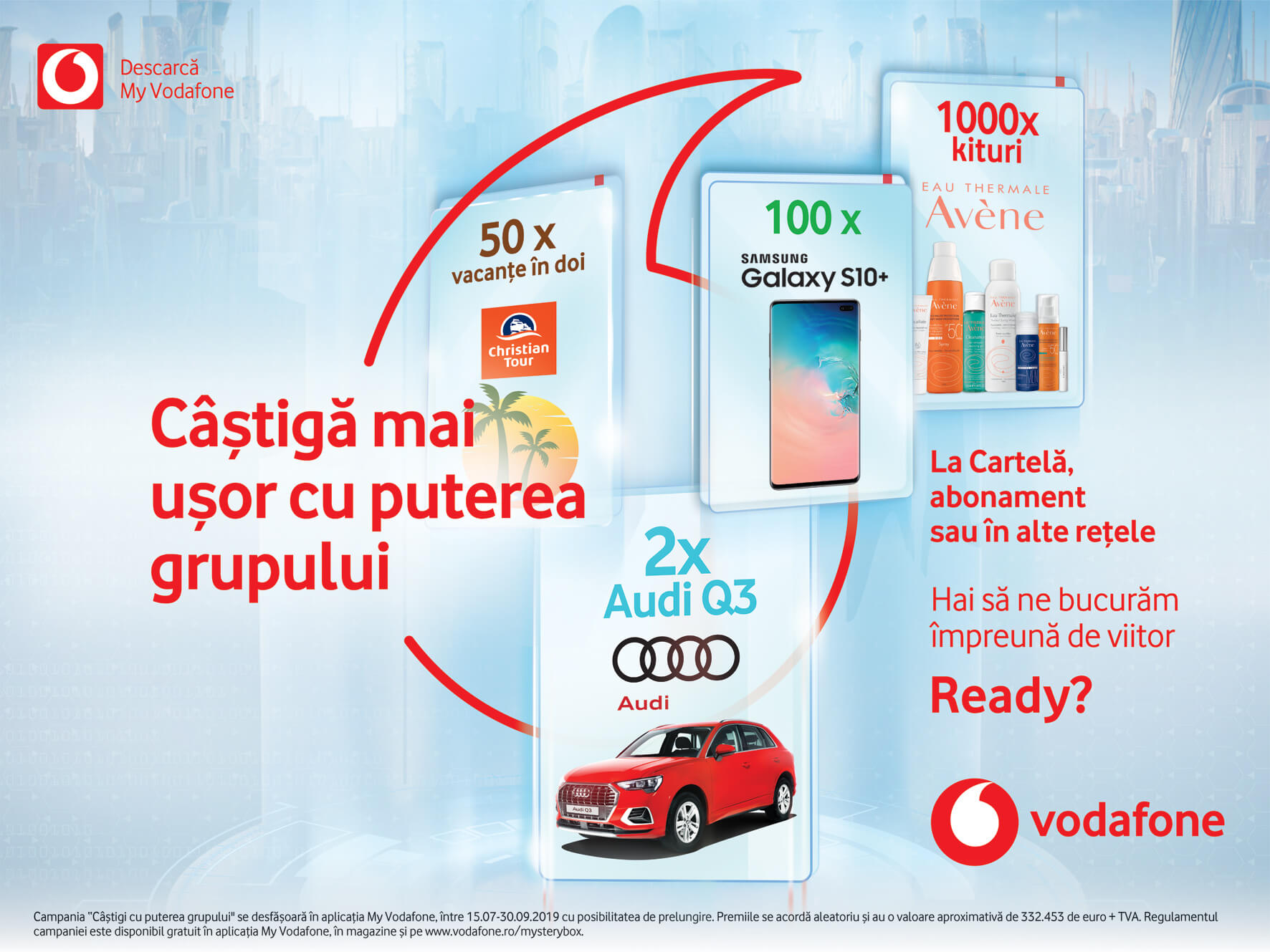 Cum pot utilizatorii cartelei Vodafone sa castige doua Audi Q3, 50 de excursii pentru doua persoane, 100 de Samsung Galaxy S10 Plus si 1000 de kit-uri de vara Eau Thermale Avène