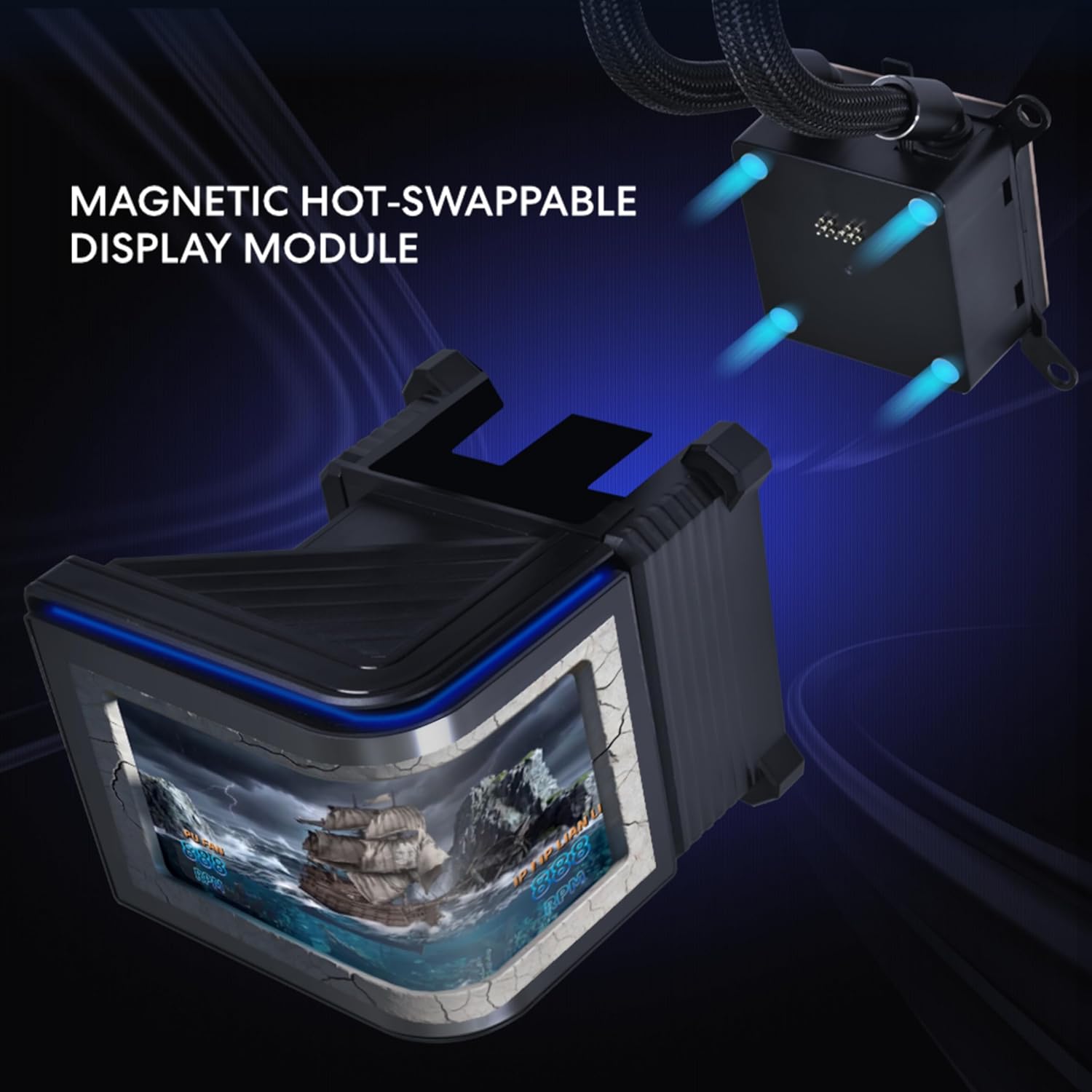 A digital illustration shows a 'Magnetic Hot-Swappable Display Module' featuring a screen with a pirate-themed image and a separate component with blue lighting effects.
