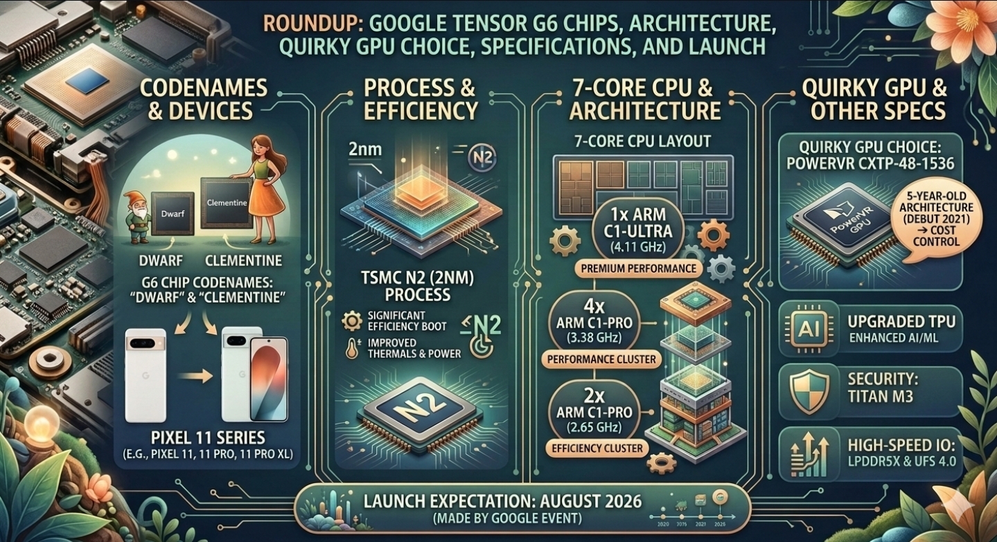 An infographic titled 'Roundup: Google Tensor G6 Chips' highlights 'Dwarf' and 'Clementine' G6 chip codenames, a TSMC N2 (2nm) process, 7-core CPU architecture with ARM C1-Ultra and C1-Pro cores, and quirky GPU choice, with launch expected in August 2026.