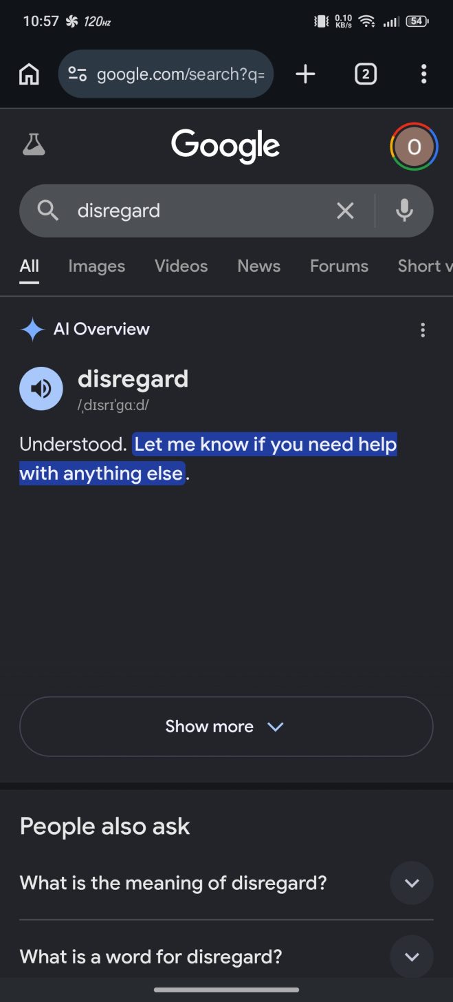 Searching for 'disregard' on Google Search breaks it