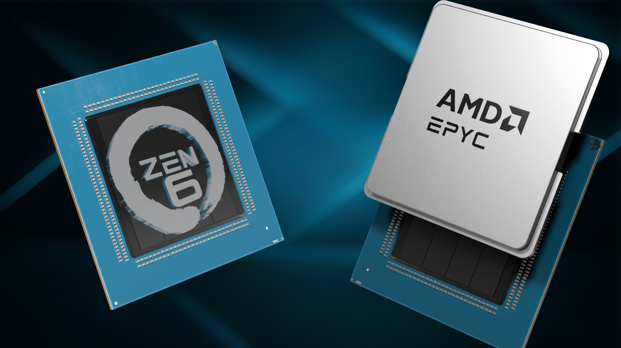 A close-up of two processors shows the AMD EPYC chip and a chip labeled with 'Zen 6' on a blue circuit background.