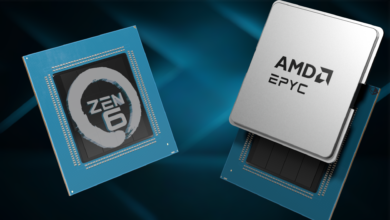 A close-up of two processors shows the AMD EPYC chip and a chip labeled with 'Zen 6' on a blue circuit background.