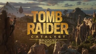 The image shows Lara Croft climbing a cliff with the title 'Tomb Raider Catalyst' overlaid on a mountainous landscape.