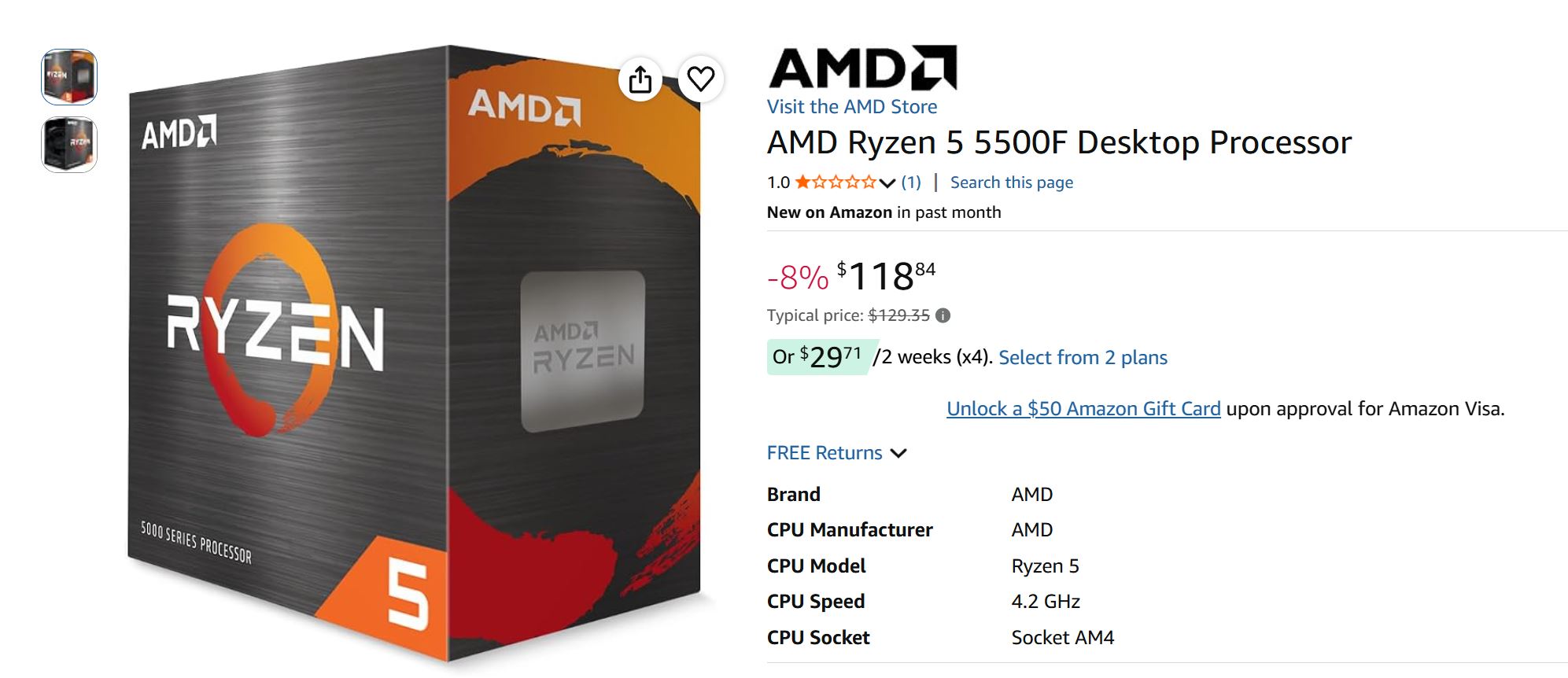 The image shows an AMD Ryzen 5 5500F desktop processor box with detailed specifications and pricing information, including a price of $118.84 after an 8% discount, and options for installment payments.