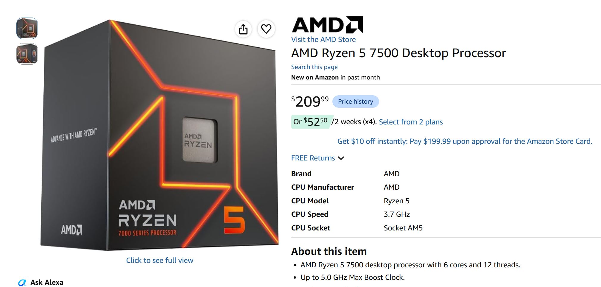 The image shows the AMD Ryzen 5 7500 Desktop Processor box with 'AMD Ryzen 7000 Series Processor' text, alongside an online listing with a price of $209.99 and key specifications such as 3.7 GHz CPU speed and Socket AM5.