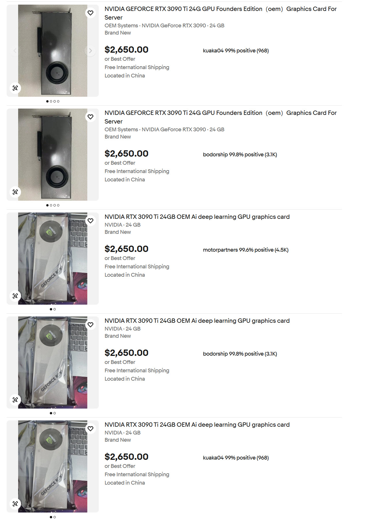 An online marketplace listing shows multiple NVIDIA RTX 3090 Ti 24GB graphics cards priced at $2,650.00, offering free international shipping from China.